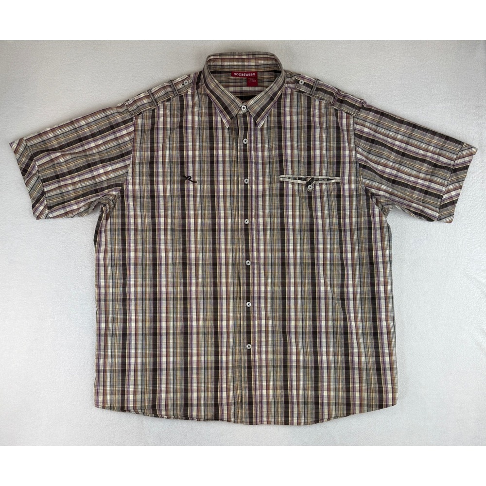 Rocawear Button Up Shirt Mens 3XL Plaid Short Sleeve Epaulets 395A093915 FLAW